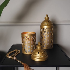 Elegant <b>Gold</b> Metal Candle <b>Lantern</b> Set with Removable Lid Intricate Cutwork Warm Glow Perfect for Festive Home Decor - Product Image 2