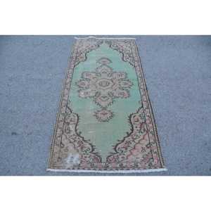 พรมวินเทจ, พรมตกแต่งขนาด 2.9x6.1 ฟุต พรมตุรกี, พรมขนสัตว์ลายอิคัตสีเขียวชมพู - Product Image 1