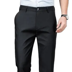 Calças masculinas elásticas pretas sólidas, calças casuais inteligentes para escritório, calças de secagem rápida, calças retas para primavera e outono
