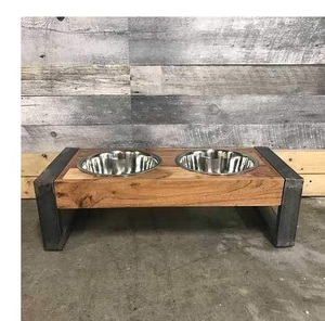 Alimentador de mascotas de estilo animal ecológico de madera rústica con cuencos de acero inoxidable y diseño de ágata - Product Image 4