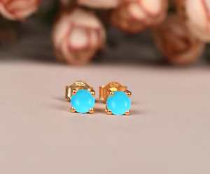 Pendientes de Turquesa de 4 mm, Plata de Ley 925, Chapados en Oro de 14K, Joyería con Piedra de Nacimiento, Pendientes Delicados con Piedras Preciosas - Product Image 3