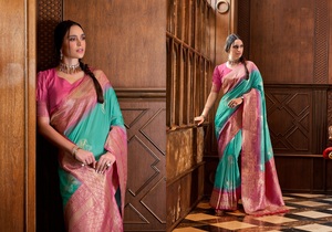 Nuevo Sari Palau de Seda con Bordado Tradicional y Ribete en Contraste para Fiestas y Bodas - Product Image 2