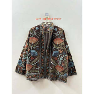 Gulbadan Earth Reversible Quilted Eco-Friendly Prairie Chic Winter Coat Hand-Embroidered Suzani Velvet Jacket Browns for Size - Product Image 3