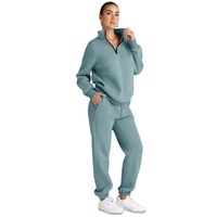 Ensemble survêtement décontracté pour femme, couleur unie, sweat-shirt à quart de zip et pantalon de jogging, manches longues, coupe ample, 100 % coton, idéal pour l'automne