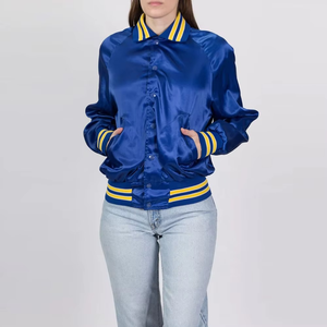 Chaqueta Universitaria Azul Satinada Personalizada para Mujer, Chaqueta Bomber con Rayas Amarillas, Ropa de Calle de Moda, Venta al Por Mayor OEM - Product Image 2