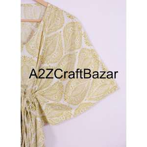 Vestido Kaftan Midi de Algodón 100%, Cuello en V, Manga Corta, Ajustado, con Volantes, Estampado Floral Bohemio, Corte Regular, Transpirable, Lavable, para Primavera - Product Image 4