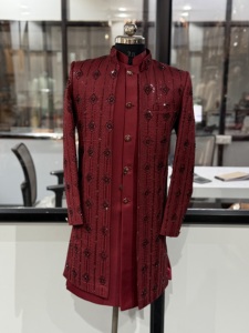 Luxury Maroon Embroidered Sherwani Suit for Men Wedding Kurta Koti Set Indo Western Blazer For Bulk Order Groom Party Wear Kurta - Product Image 3