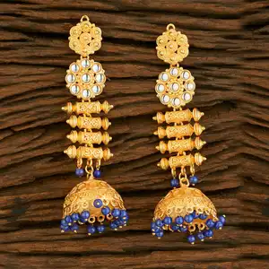 Compre mais recente atacador e exportador de brincos jhumka long com chapeamento de ouro 8734 azul para mulheres