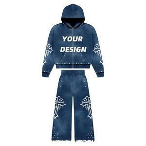 <b>Acid</b> Wash Cotton Embroidery Tracksuit OEM Supplier Cotton <b>Drop</b> Shoulder Gymwear Heavyweight Cotton - Product Image 1