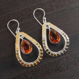 Citrine Dangle Earrings Two Tone Sterling Silver Gemstone Jewelry Elegant Gift For Women Boho Design - Product Image 3
