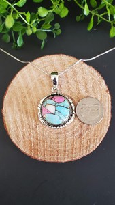 Collar de Turquesa Mohave Redonda de Algodón de Azúcar, Colgante de Turquesa de Plata de Ley, Joyería de Piedra Mohave Azul y Rosa, Regalo para Ella - Product Image 4