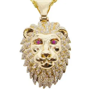 VVS – pendentif Lion en diamant (yeux rubis) personnalisé, pendentif Hip Hop glacé, ensemble de chaîne en or massif 14K