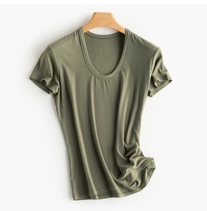Camiseta básica para mujer, mezcla de seda auténtica, cuello en U, manga corta, Camiseta de punto con costillas, camiseta de verano 2025 para mujer - Product Image 5