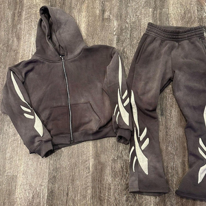 Vente la plus chaude hiver à capuche épaissi détresse broderie patchs Vintage lavage taille haute survêtements jambe droite pantalon ample - Product Image 2