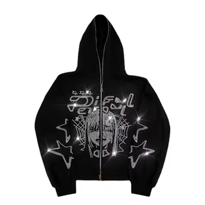 Sudadera con capucha de algodón y felpa francesa de alta calidad con diseño de pedrería personalizado y cremallera completa para uso casual, estilo urbano. - Product Image 1