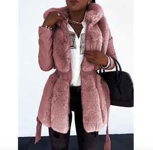 Manteau d'hiver pour femmes grande taille 5XL, manteaux en fourrure noire avec fermeture éclair et ceinture tissée, vêtements longs - Product Image 4