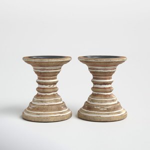 Portavelas de pilar de madera tallada rústica en marrón encalado con detalles de ratán y metal plateado para decoración del hogar Navidad - Product Image 2