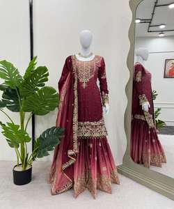 Conjunto de Ropa Étnica India/Pakistaní de Lana, Top de Georgette con Bordado de Lentejuelas, Sharara y Dupatta para Fiesta, Precio al por Mayor - Product Image 6