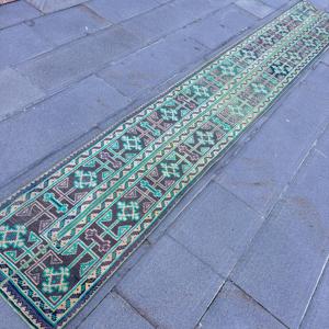 Vintage <b>Runner</b> Rug 1.7x11.5 ft, Blue <b>Green</b> Ikat Rug Wool - Product Image 2