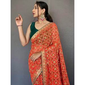 Classic Orange Georgette Saree with <b>Blouse</b> Festival Wear Evening Dresses - Product Image 1