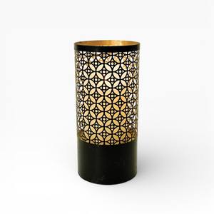 Tall <b>Black</b> Metal <b>Candle</b> <b>Holder</b> with Intricate Geometric Cutwork and Warm Gold Interior for Modern Luxury Home Decor - Product Image 1
