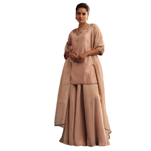Blush Pink Chanderi Kurta Palazzo Conjunto con Organza Dupatta Venta al por mayor Mujeres Ropa étnica OEM Ropa Proveedor de fábrica Traje - Product Image 2