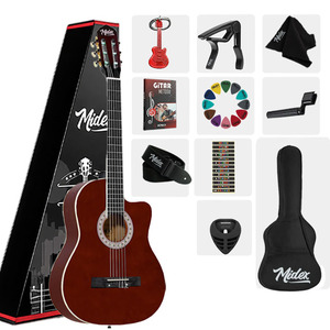 Kit de guitare classique 4/4 marron avec tige de tension réglable, accordeur, sac, sangle, capo, médiators et livre de méthode |   Midex MGX-100BRW - Product Image 1