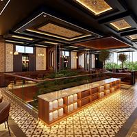 Design d'Interni per Caffetteria, Divano a X in Legno Massello, Sedute Imbottite in Pelle, Set Tavolo e Sedie per Ristorante