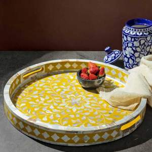 Bandeja Redonda con Incrustaciones de Hueso de Calidad de Exportación, Bandeja de Madera para Servir Hecha a Mano de Estilo Vintage, la Mejor Calidad en India, Más Vendida - Product Image 3