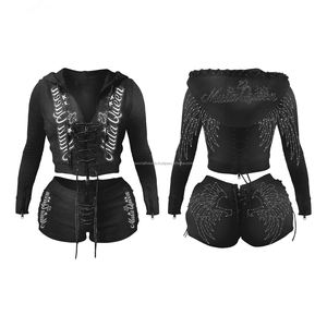 Ensemble deux pièces veste zippée et short 2026 pour femmes, avec logo personnalisé, strass de haute qualité, par les fabricants de vêtements - Product Image 5