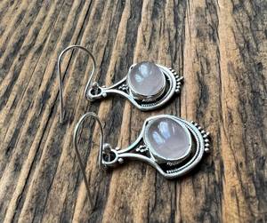 Boucles d'oreilles en argent 925 fait à la main avec pierres précieuses en quartz rose ovale pour femmes-pour les mariages - Product Image 4