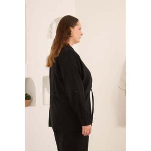Chaqueta Tejida Negra para Mujer, Talla Grande, Marca RMG, con Lazos Lisos Teñidos, Mangas Plisadas, Cinturón, Antiarrugas, Transpirable, Mezcla de Modal y Poliéster - Product Image 4