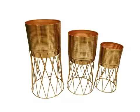 Top Selling New Set of 3 Gold Polished Floor Planters Elegant Indoor Drawing Room Decor with Royal Look