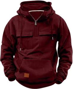 Sudadera con capucha y cremallera de un cuarto para hombre, estilo cargo, bordada, 100% algodón polar, corte holgado, para entrenamiento, deportes, actividades al aire libre, invierno - Product Image 1