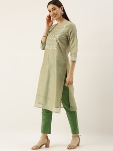 Kurta para Mujer, Verde, con Bordado de Espejo, Cuello Mandarín, Silueta Recta, Pantalones y Dupatta, Tela de Poliéster Tejida a Máquina - Product Image 6