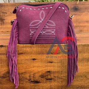 Women's <b>Boot</b> Stitch Suede Leather Crossbody Bag <b>with</b> Fringe & Buck Stitch Accents High Quality Genuine Leather Shoulder Handbags - Product Image 1