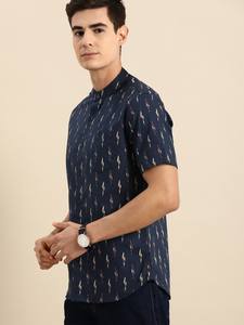 Camisa informal de algodón puro con estampado regular fit azul marino para hombre, Camisa de algodón transpirable para hombre, camisa azul ikat India para hombre - Product Image 2