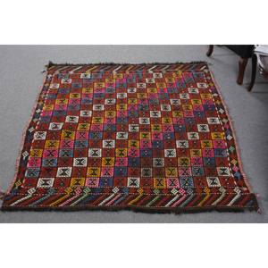 Tapis Kilim en laine rouge traditionnelle 5.2x6.8 pieds grande surface zone Rectangle turc Patchwork motif de couloir abstrait 10mm Latex - Product Image 1