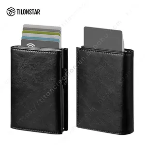 Tilonstar tvc302w sợi nhỏ da không có dây kéo RFID Pop Up Ví nhôm trường hợp thẻ tín dụng chủ thẻ