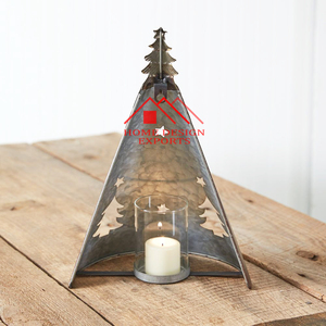 Portavelas Navideño Rústico de Hierro Galvanizado con Votivo de Vidrio para Decoración Navideña - Product Image 1