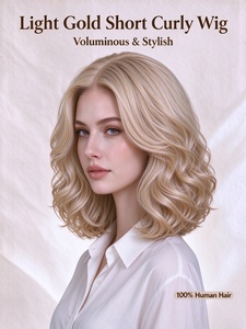 Light Gold <b>Short</b> Curly <b>Human</b> <b>Hair</b> <b>Wig</b> Soft Volume Wave Bob <b>Wig</b> for Daily Wear - Product Image 2