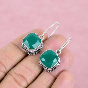 Faceted <b>Green</b> Onyx Gemstone 925 Sterling Silver Handmade Drop Dangle Vintage Hoop <b>Earrings</b> for Women Birthday Gift Bulk - Product Image 3
