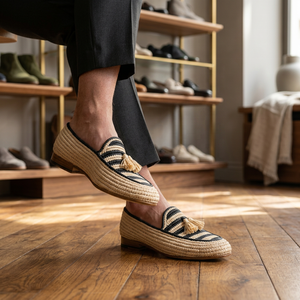 Mocassins à bout rond rayés en raphia avec décoration à pompon, respirants, mode estivale, chaussures pour hommes, semelle extérieure en cuir véritable - Product Image 3