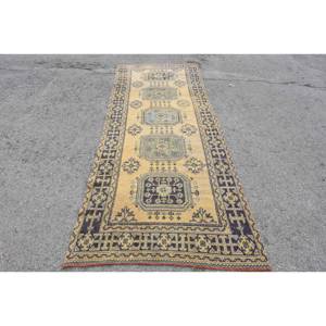 Vintage Turkish <b>Wool</b> Rug <b>Yellow</b> & Blue Patchwork Design 4' X 11' Size Flat Weave Technique for Living Room Carpet - Product Image 1