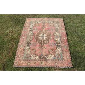 4,7x6,4 ft Rug, Vintage Turkish Rug, <b>Red</b> Blue Geometric <b>Wool</b> Rug - Product Image 1