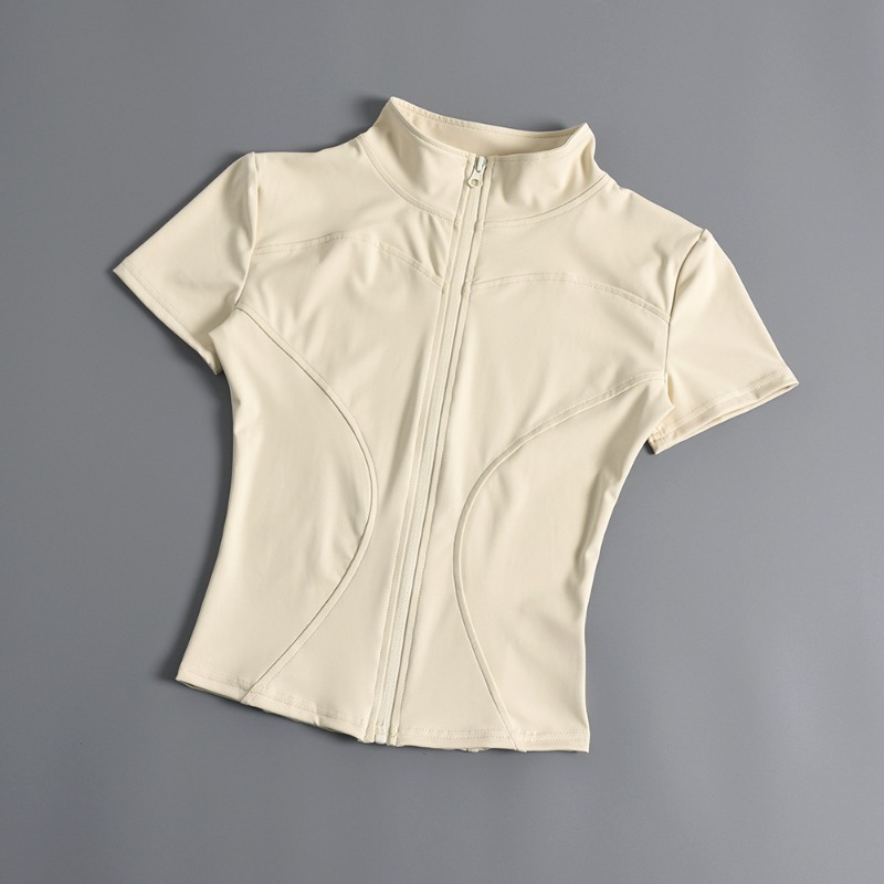Women Slim Zipper Yoga Tank Top Short Sleeve Knitted O-Neck Eco-Friendly Quick Dry Breathable Outdoor Workout Polyester/Spandex
