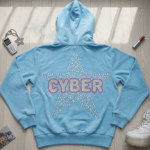 Custom Logo Rhinestone Star Zip Pullover Hoodie <b>Y2K</b> Cyber Bubble Letters Baby Blue Unisex Winter <b>Streetwear</b> 100% Cotton Fleece - Product Image 4