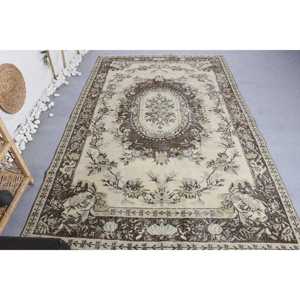 พรมตุรกี ขนาด 5.2x8.3 ฟุต พรมลายปะติดสีเบจ ทำจากขนสัตว์ - Product Image 1