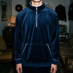 Sudadera de Invierno para Hombre, Estilo Retro, con Cierre de Cremallera de un Cuarto, de Felpa Azul Medianoche de Lujo, 100% Algodón, Gruesa, con Ribete Blanco, Ropa Urbana - Product Image 1