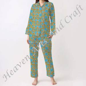 Pijama indio de algodón puro 100% para mujer, conjunto de algodón para Primavera/Verano Floral/personaje/letra/patrón/vacaciones/patrón de árbol de coco - Product Image 1